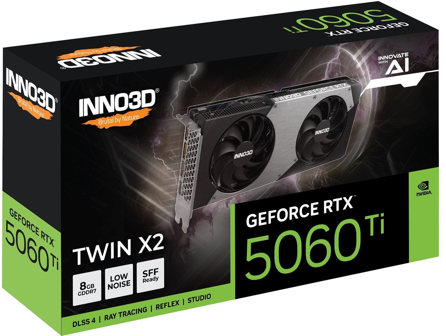 Packaging of an INNO3D GeForce RTX 5060 Ti graphics card with two fans.