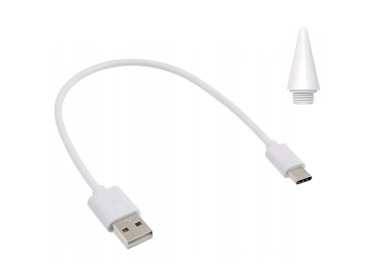 Biały kabel USB-A do USB-C z osobną białą końcówką.