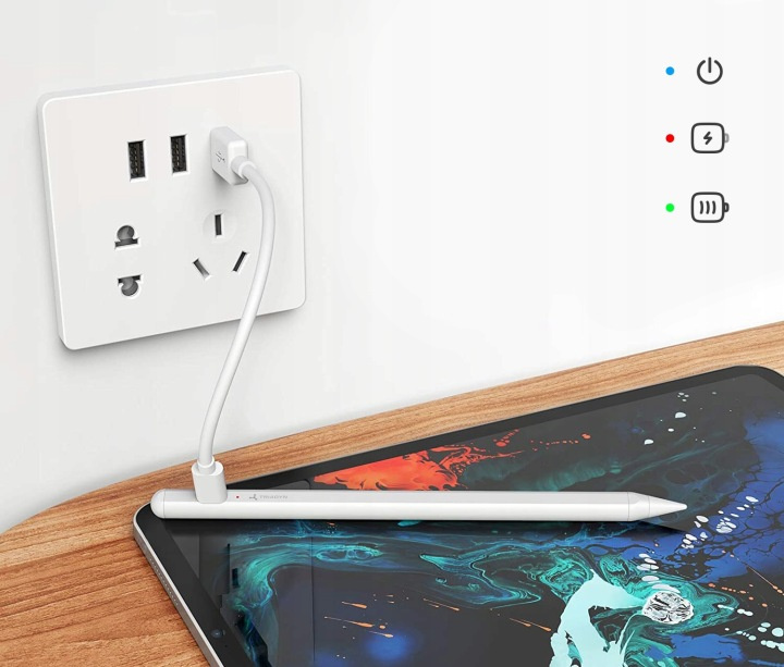Kabel USB łączy ładowarkę z tabletem i rysikiem.