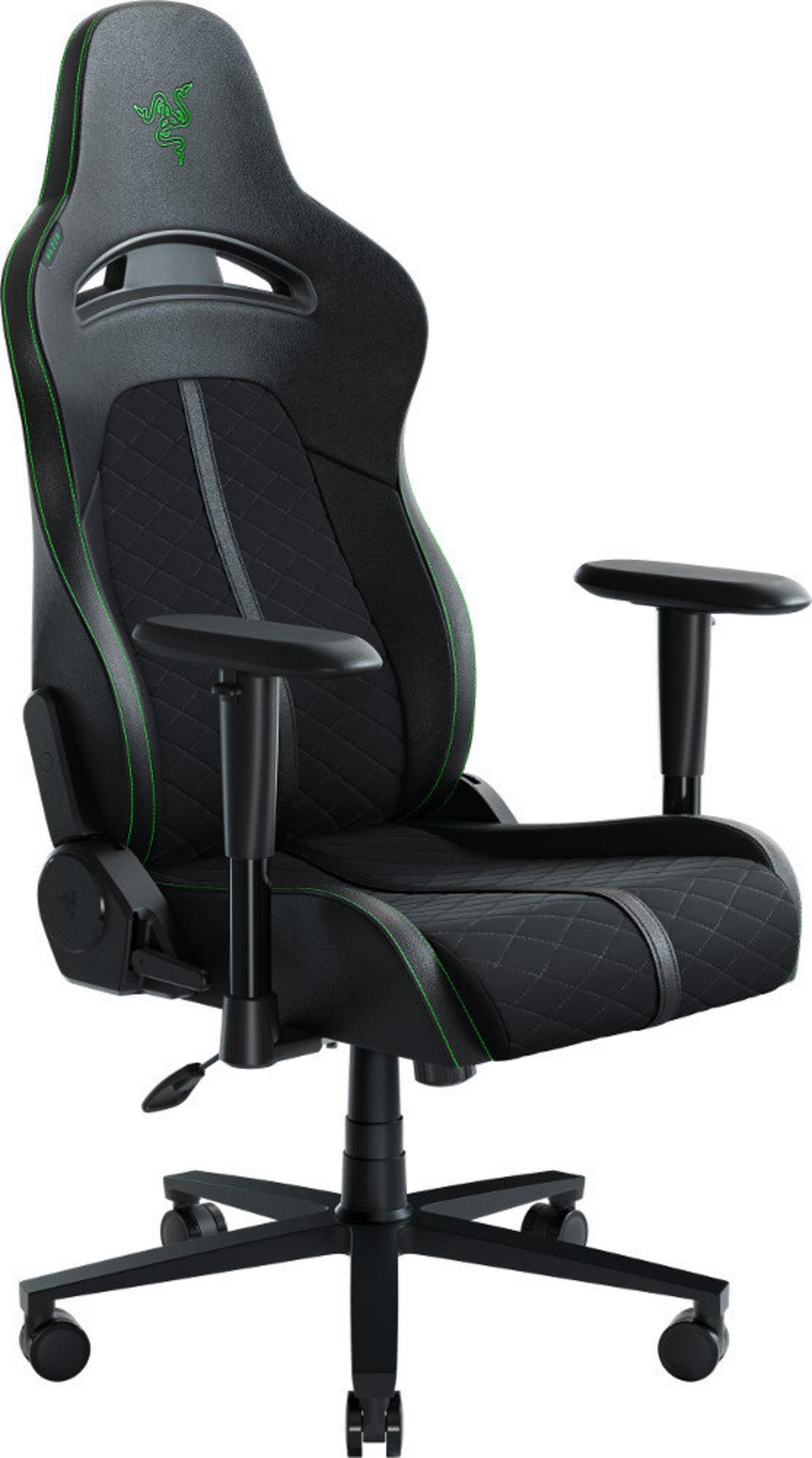 Yeşil vurgular ve Razer logosuna sahip siyah oyuncu koltuğu. Yastıklı oturma alanı ve sırtlık. Ayarlanabilir kollar.