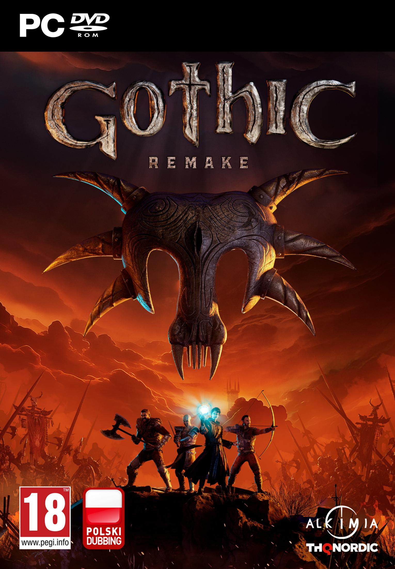 Okładka gry PC Gothic Remake. Wojownicy stają naprzeciw hordy pod groźnym symbolem czaszki.