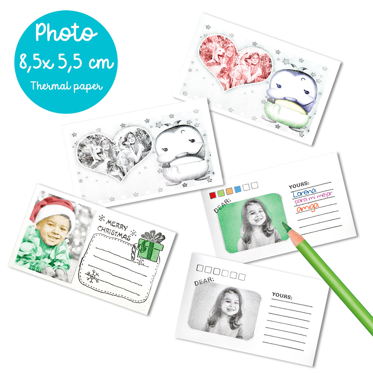 Varias tarjetas fotográficas con imágenes y campos de texto, incluida una tarjeta navideña.