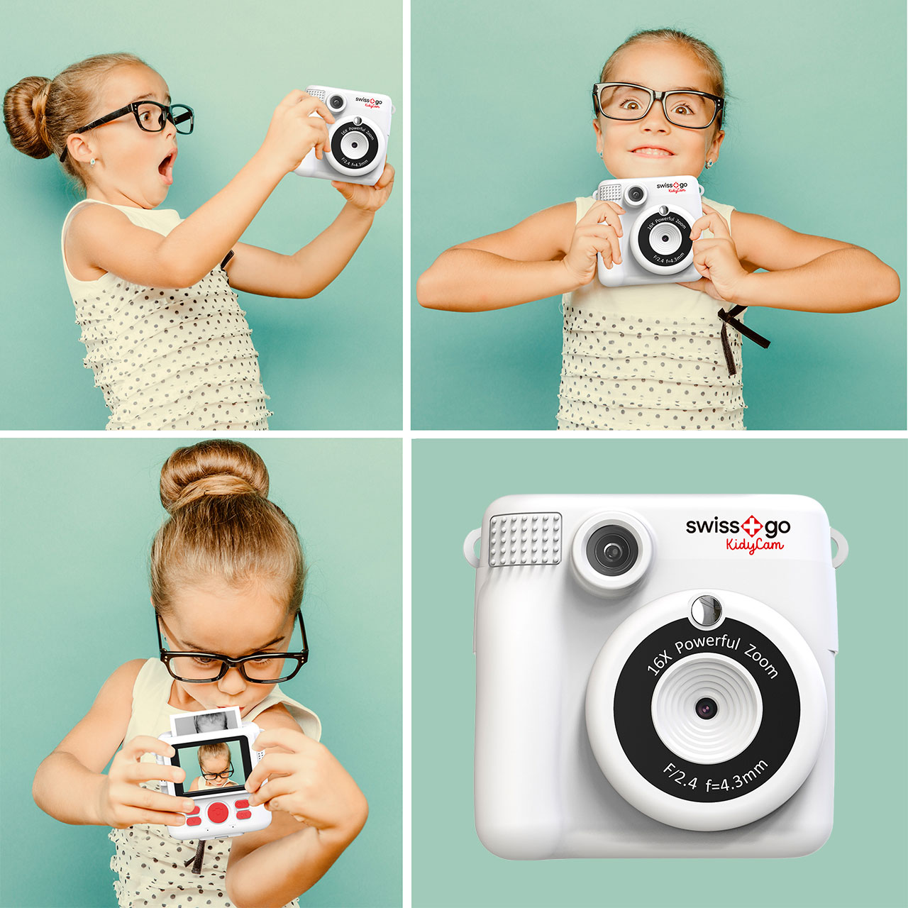 Una niña con gafas sostiene una cámara blanca, tomándose una selfie.