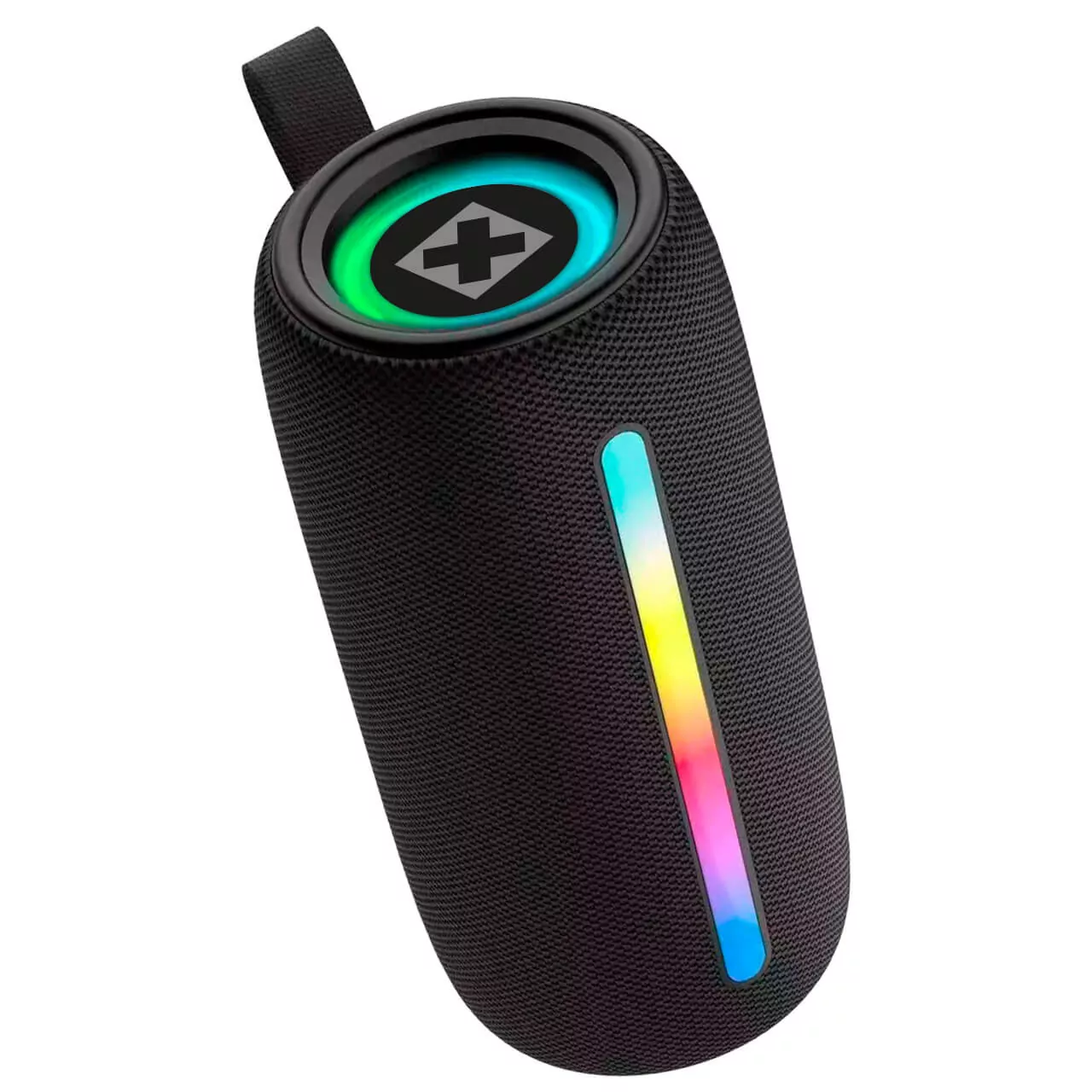 Altavoz negro con LEDs de colores arriba y al lado.