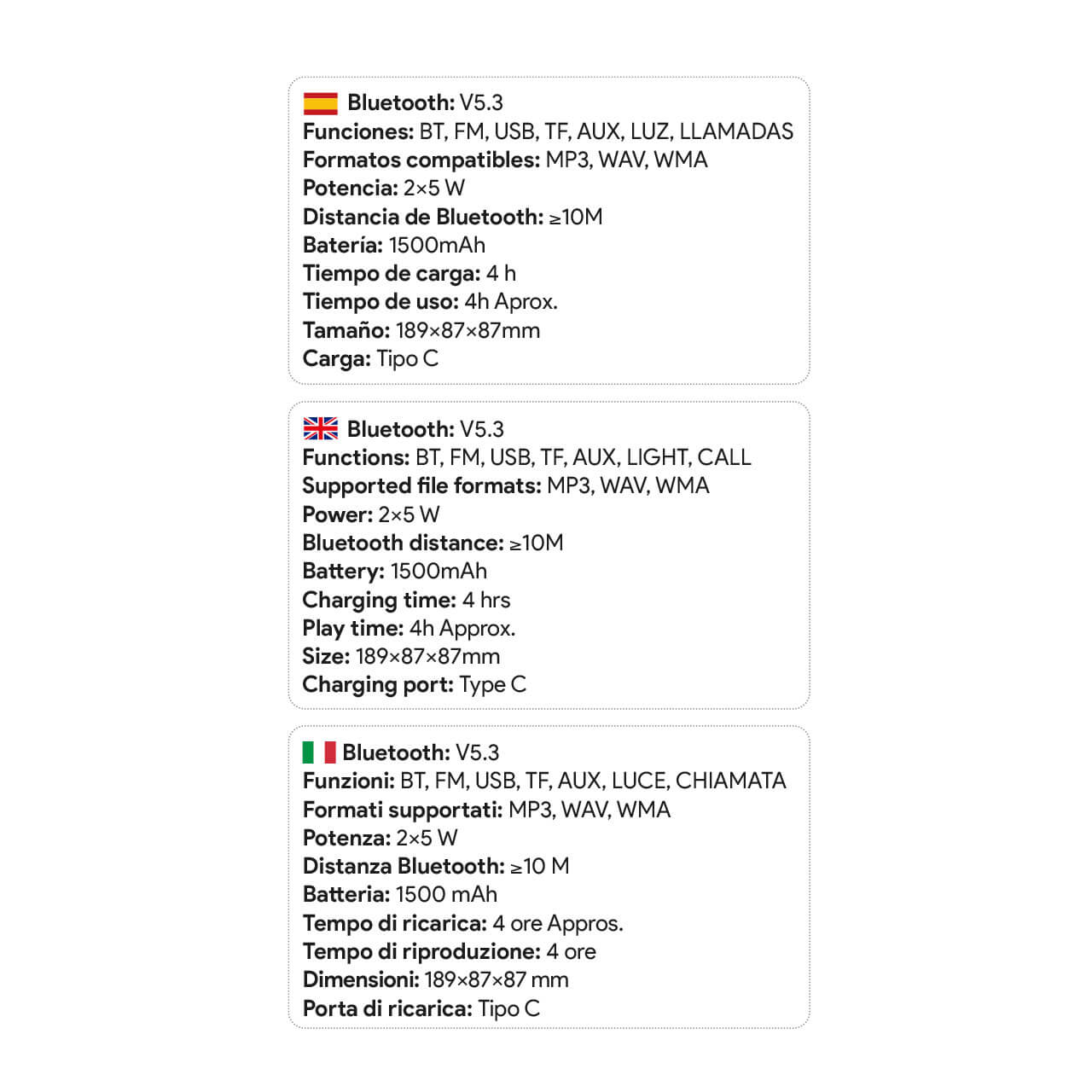 Bluetooth V5.3: Batería 1500mAh, carga 4h, 4h de uso. Tamaño 189x87x87mm.
