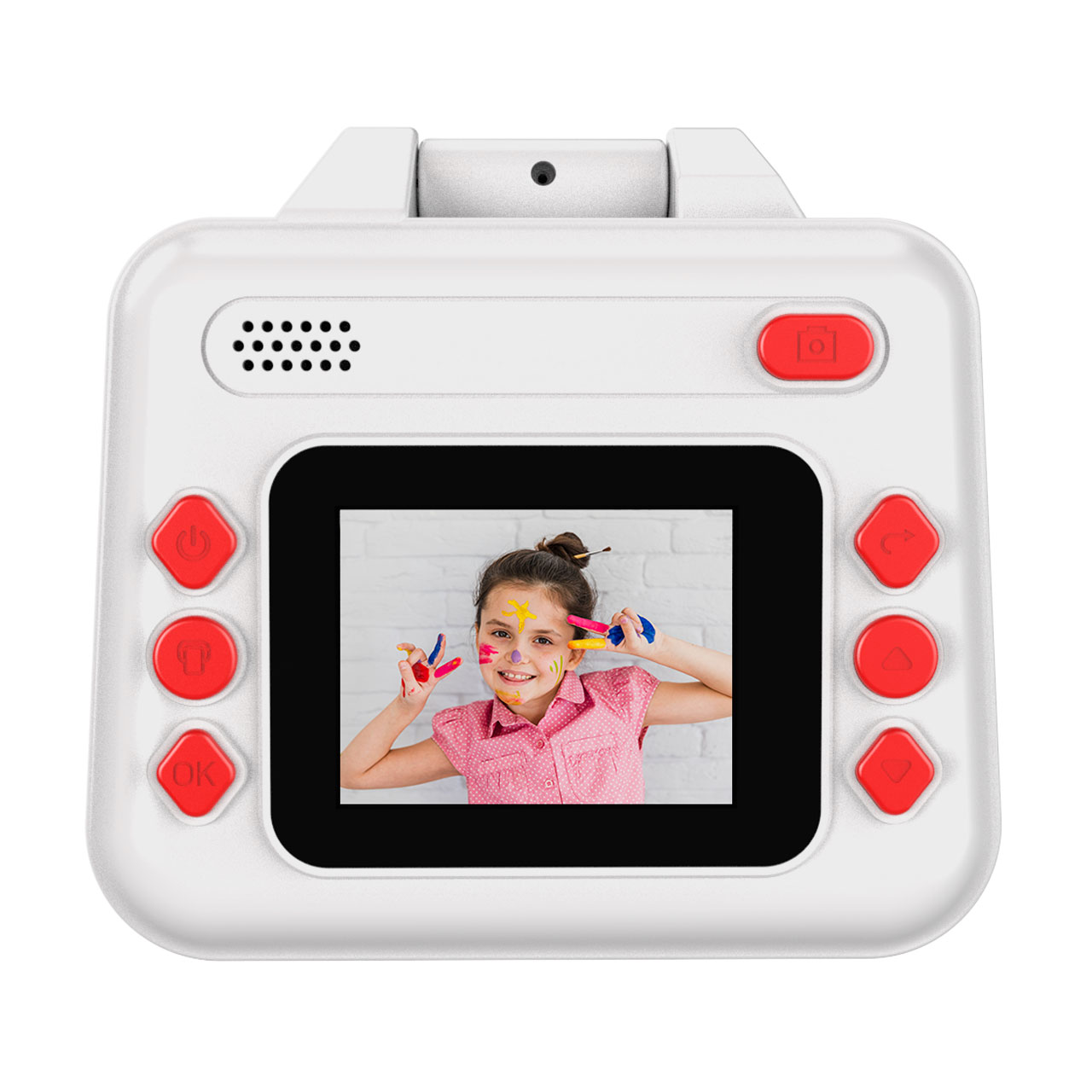 Una cámara de juguete blanca con pantalla que muestra un niño con manos y cara pintadas.