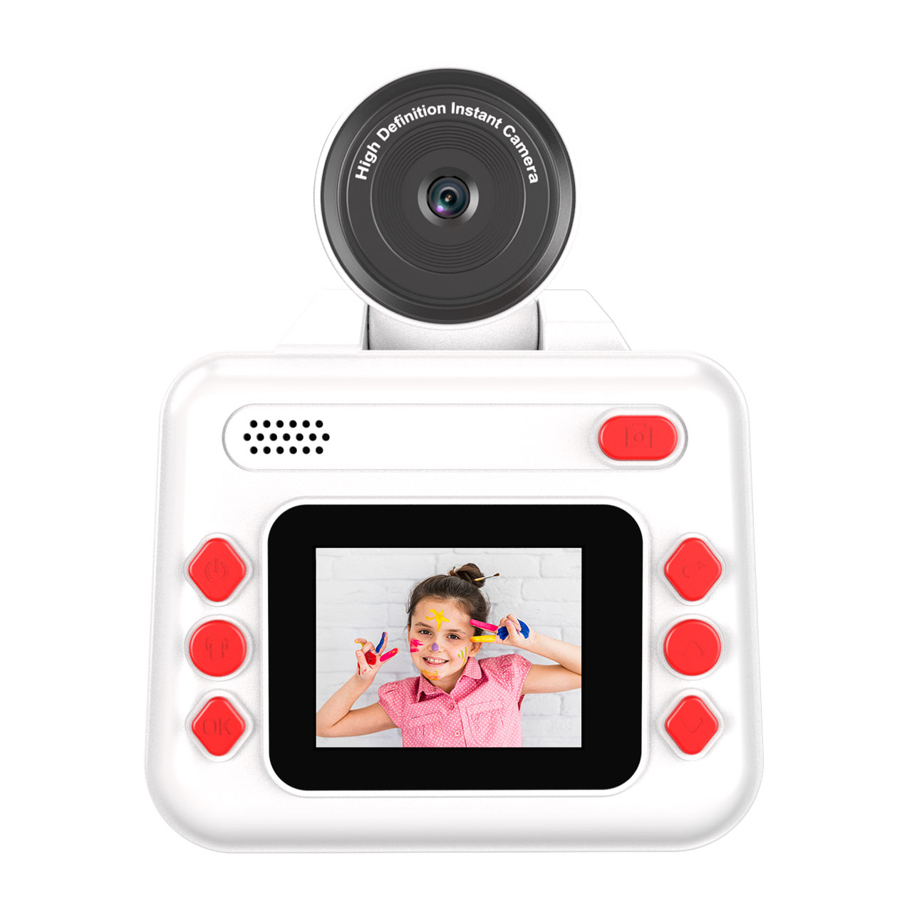Cámara digital blanca con lente giratoria y pantalla que muestra a un niño.