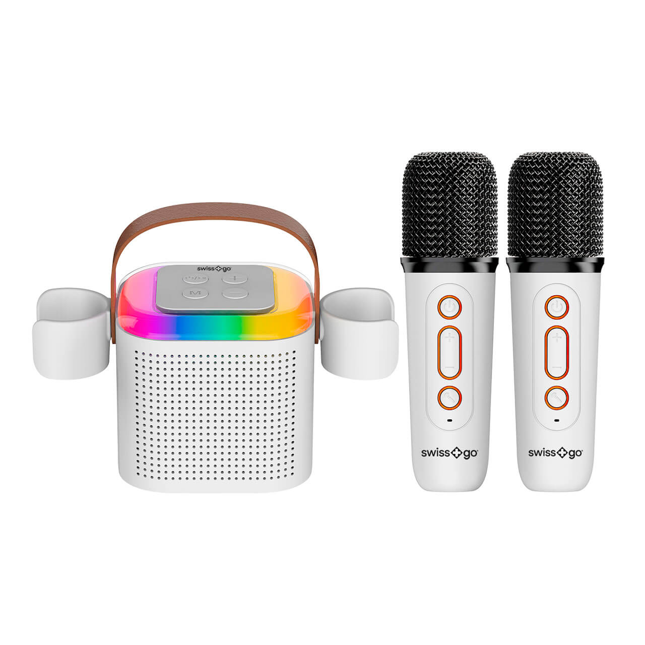 Un altavoz blanco con luz de arcoíris y dos micrófonos blancos.