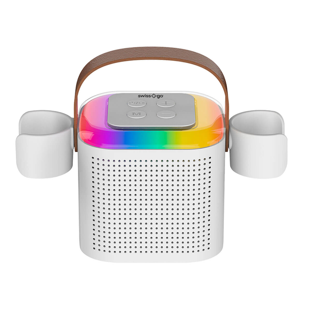 Altavoz blanco con asa de cuero, luz de arcoíris, botones y dos soportes blancos.