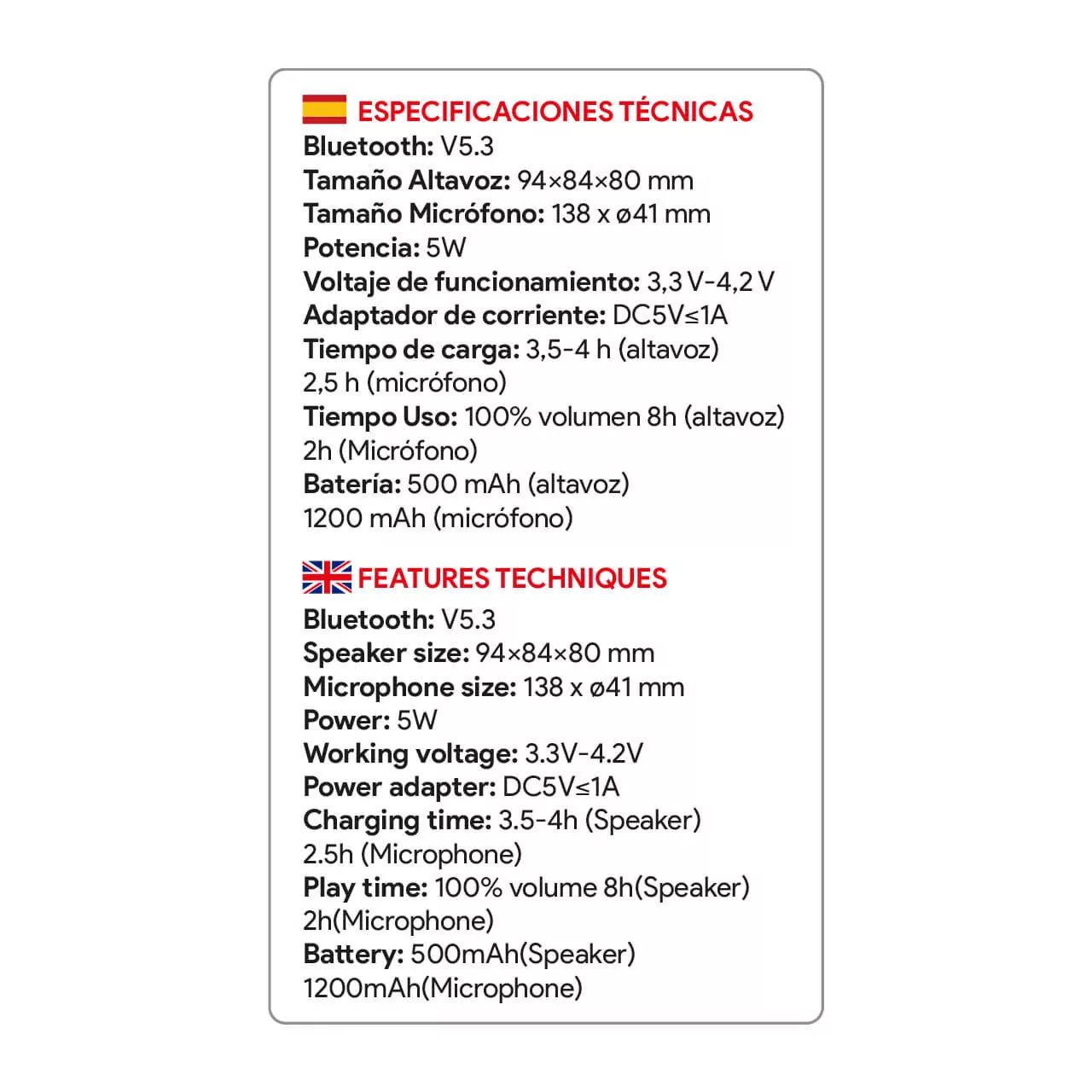 Especificaciones técnicas: Bluetooth 5.3, potencia 5W, voltaje 3,3-4,2V.