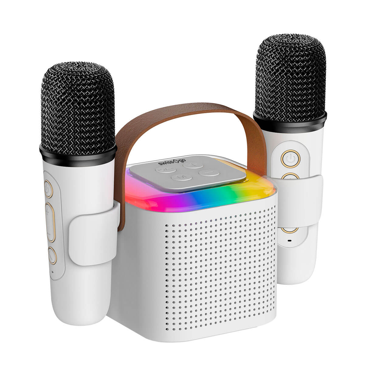 Máquina de karaoke blanca con dos micrófonos, luces LED arcoíris y asa de cuero.