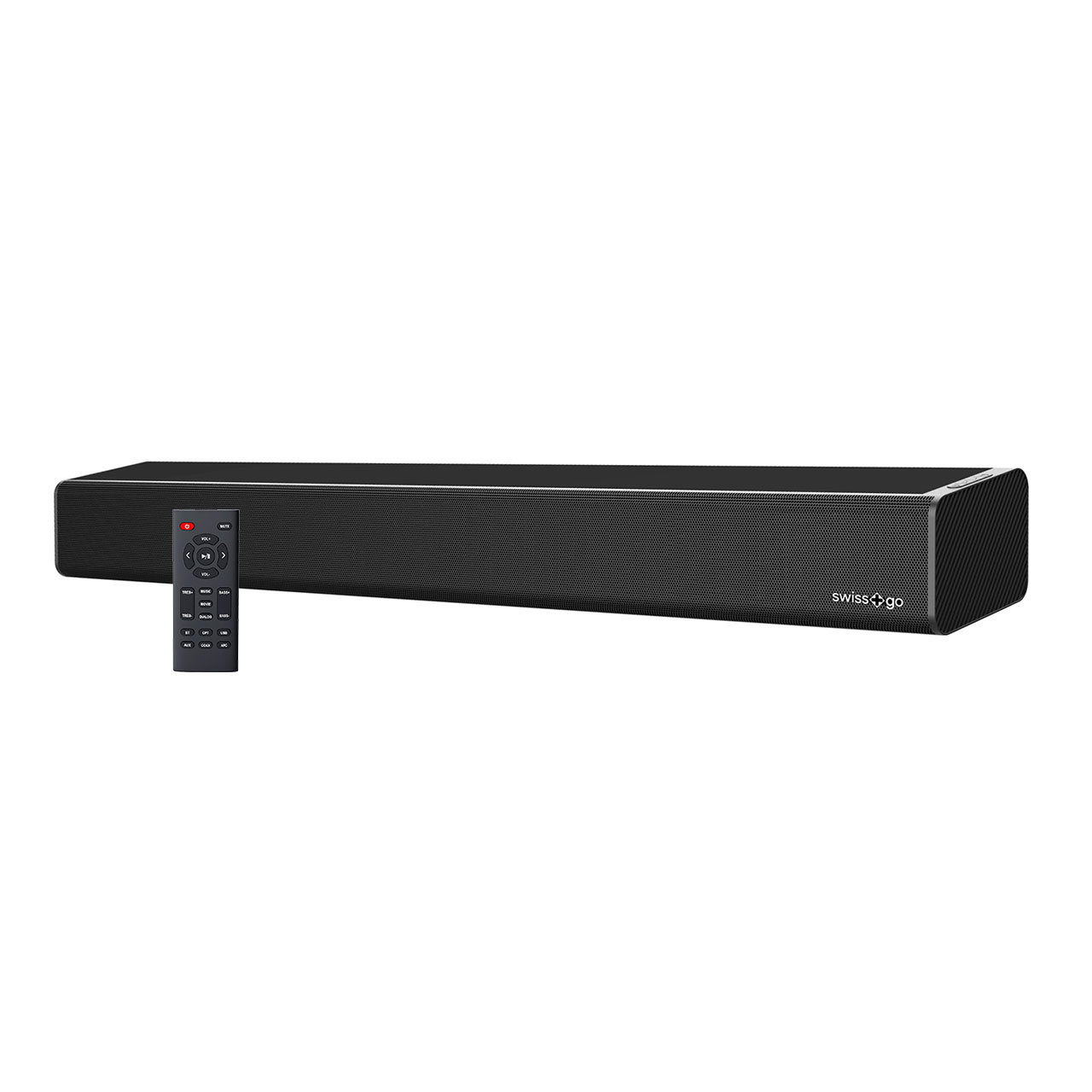 Barra de sonido negra con un mando a distancia al lado sobre fondo blanco.