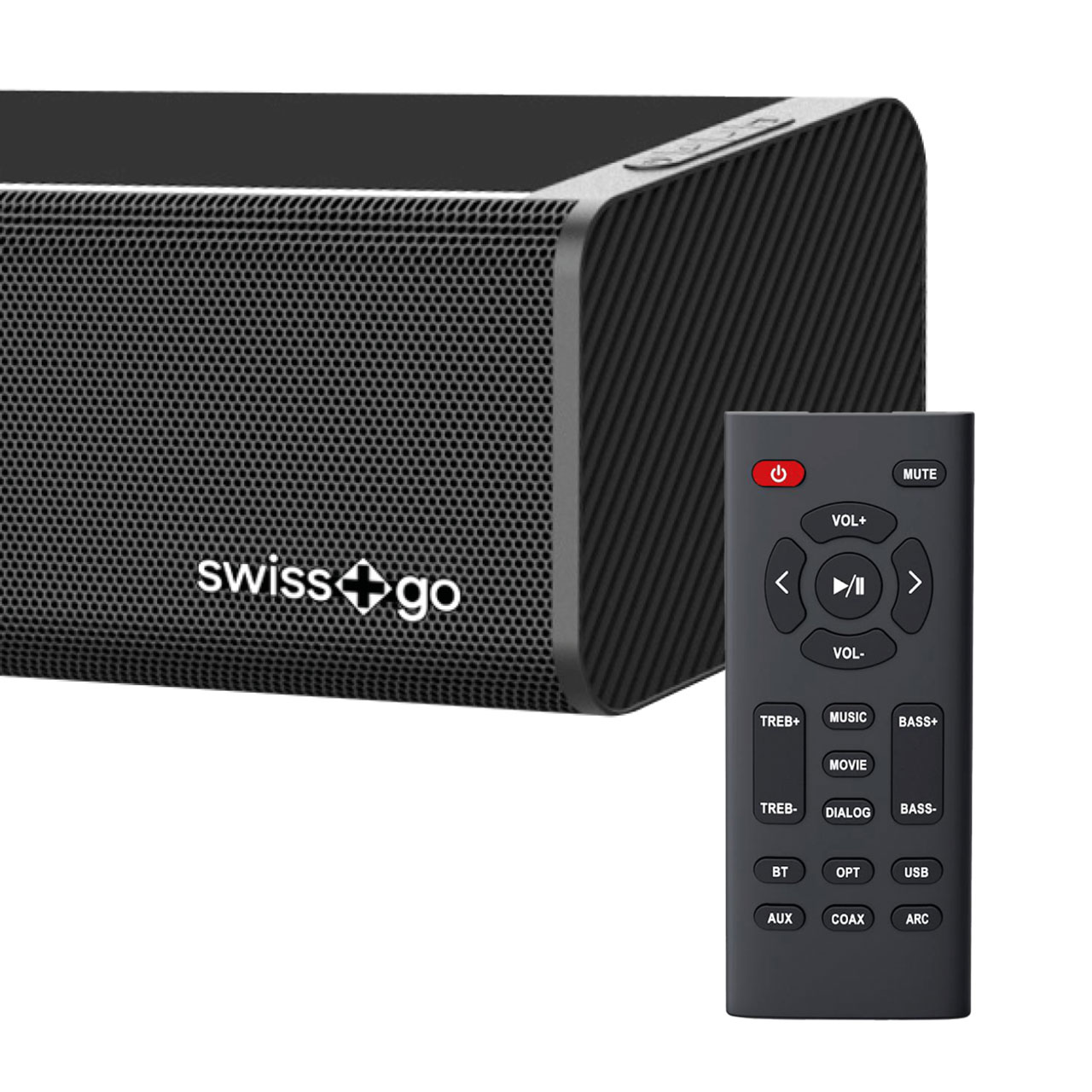 Altavoz negro con logo "swiss go" y mando a distancia al lado.