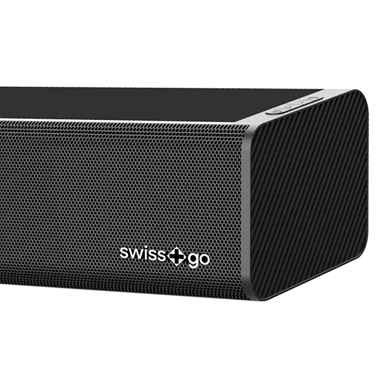 Un altavoz portátil negro con lado texturizado y frente de malla con el logo.