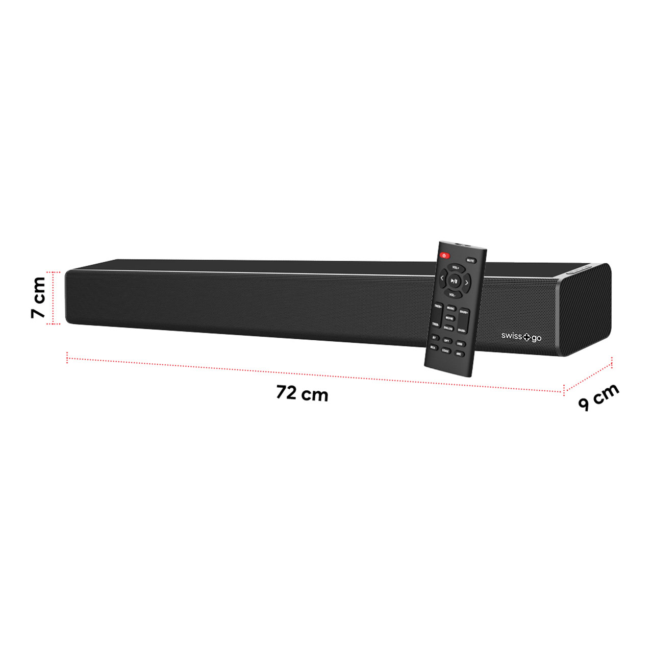 Barra de sonido negra (72x9x7 cm) con mando a distancia, logo Swiss Go.