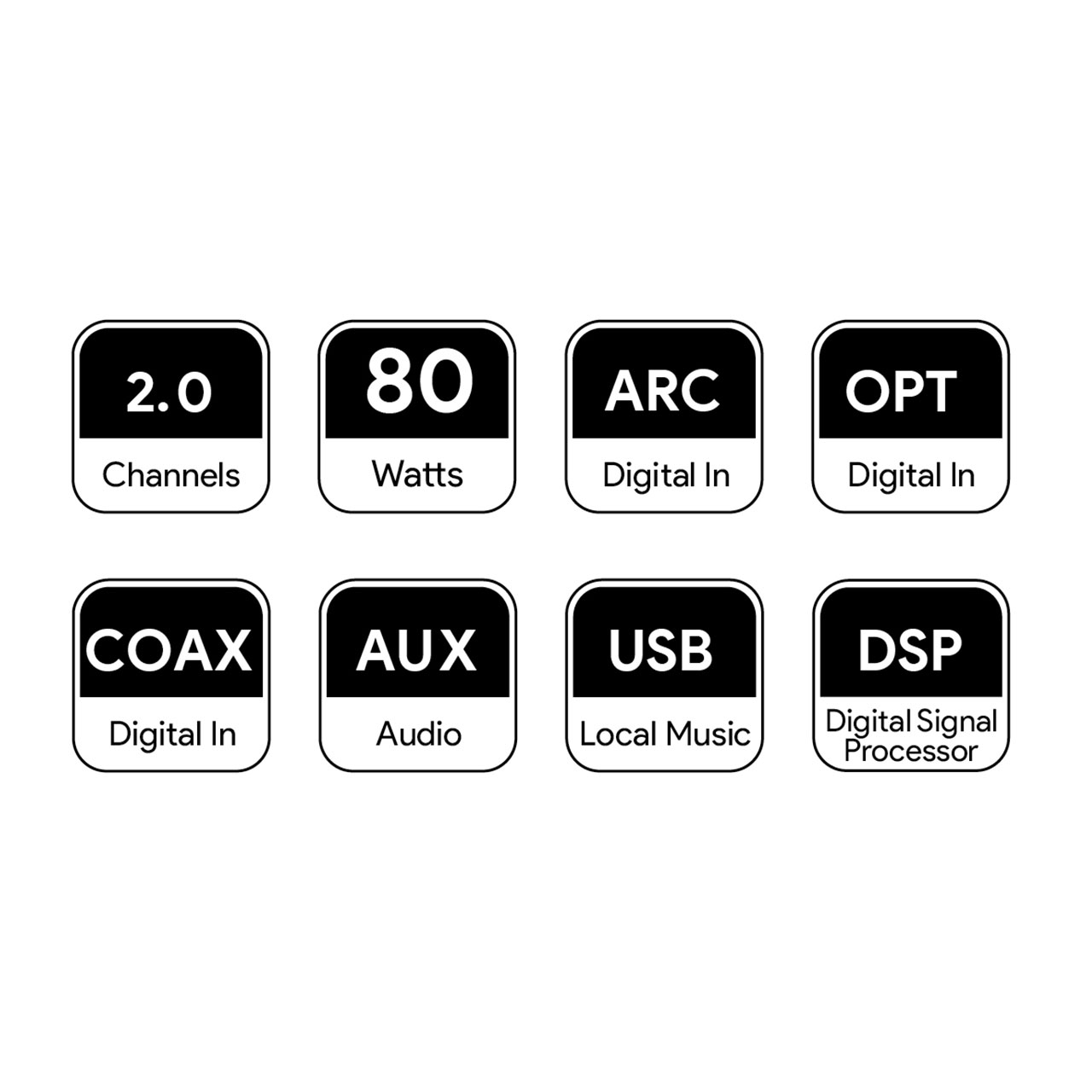 8 iconos: 2.0 Canales, 80 Vatios, ARC, OPT, COAX, AUX, USB, DSP.