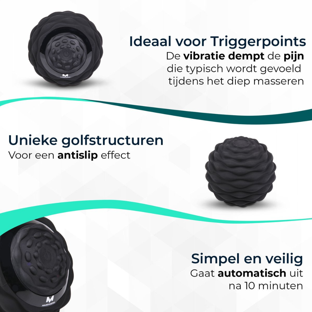 Pelota de masaje negra con superficie texturizada única, ideal para puntos gatillo.