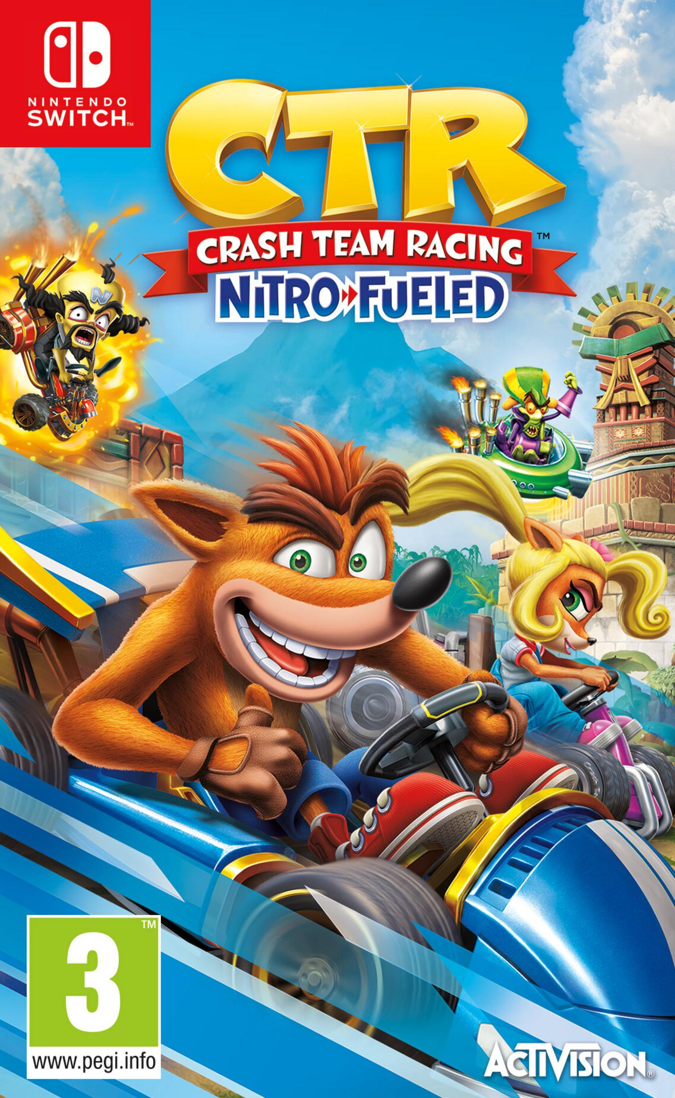 Crash Bandicoot i Coco ścigają się w gokartach, Dr. Neo Cortex w tle.