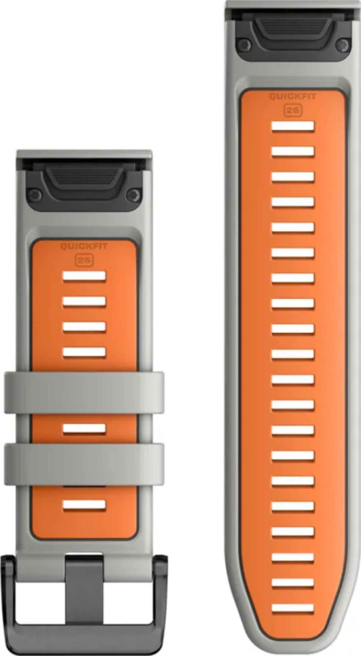 Due cinturini per orologi grigi e arancioni con fessure, uno con fibbia.