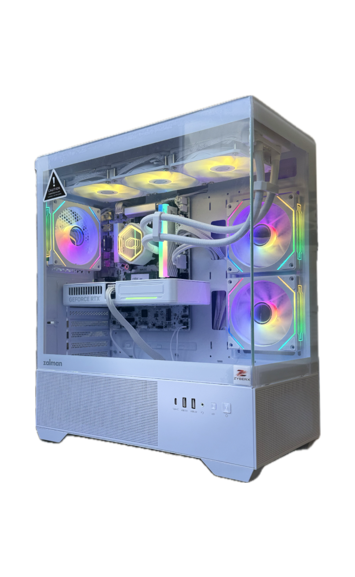 Weißer PC-Gehäuse mit RGB-Lüftern, Glasfront und USB-Anschlüssen.