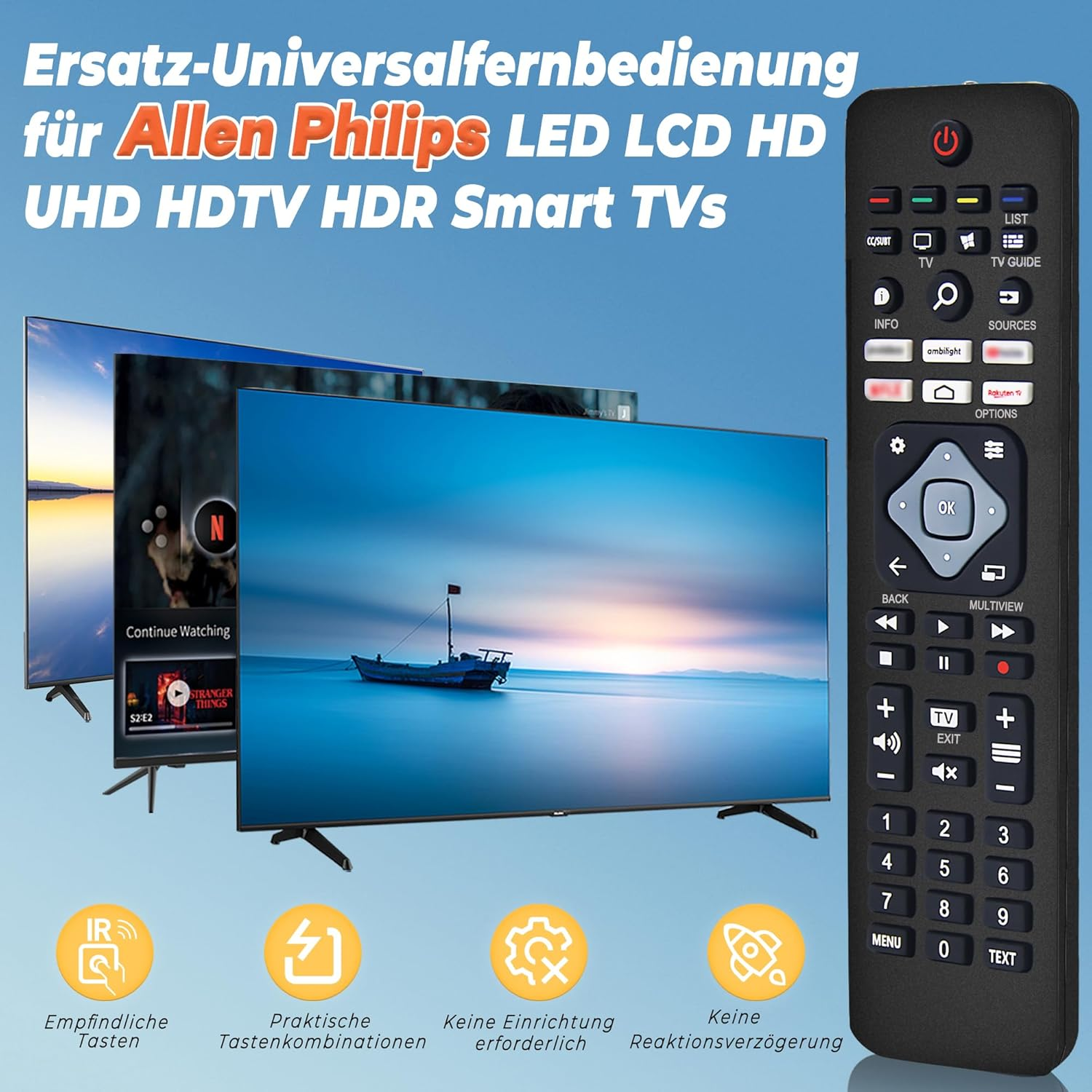 Ersatzfernbedienung für Philips TVs mit mehreren Bildschirmen und Fernbedienung.