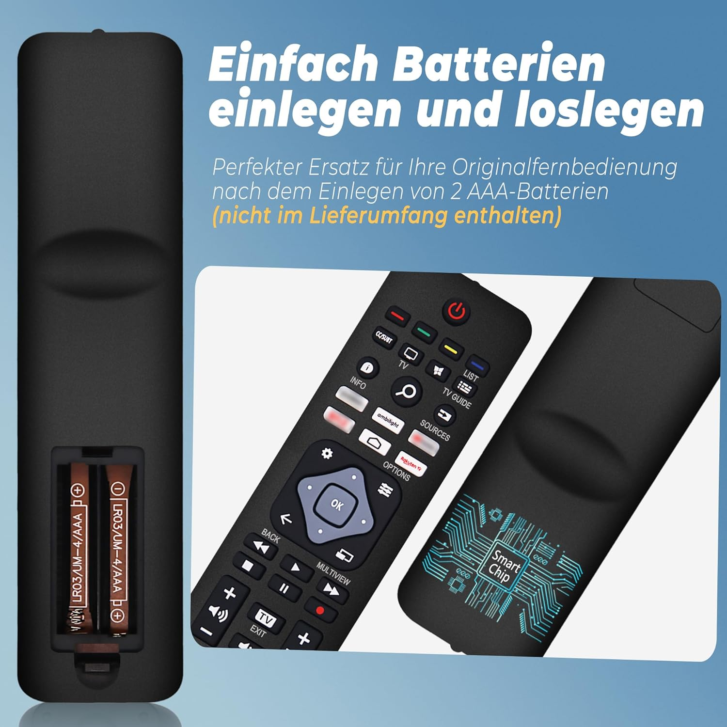 Zwei schwarze Fernbedienungen, eine mit geöffnetem Batteriefach, das zwei AAA-Batterien zeigt.