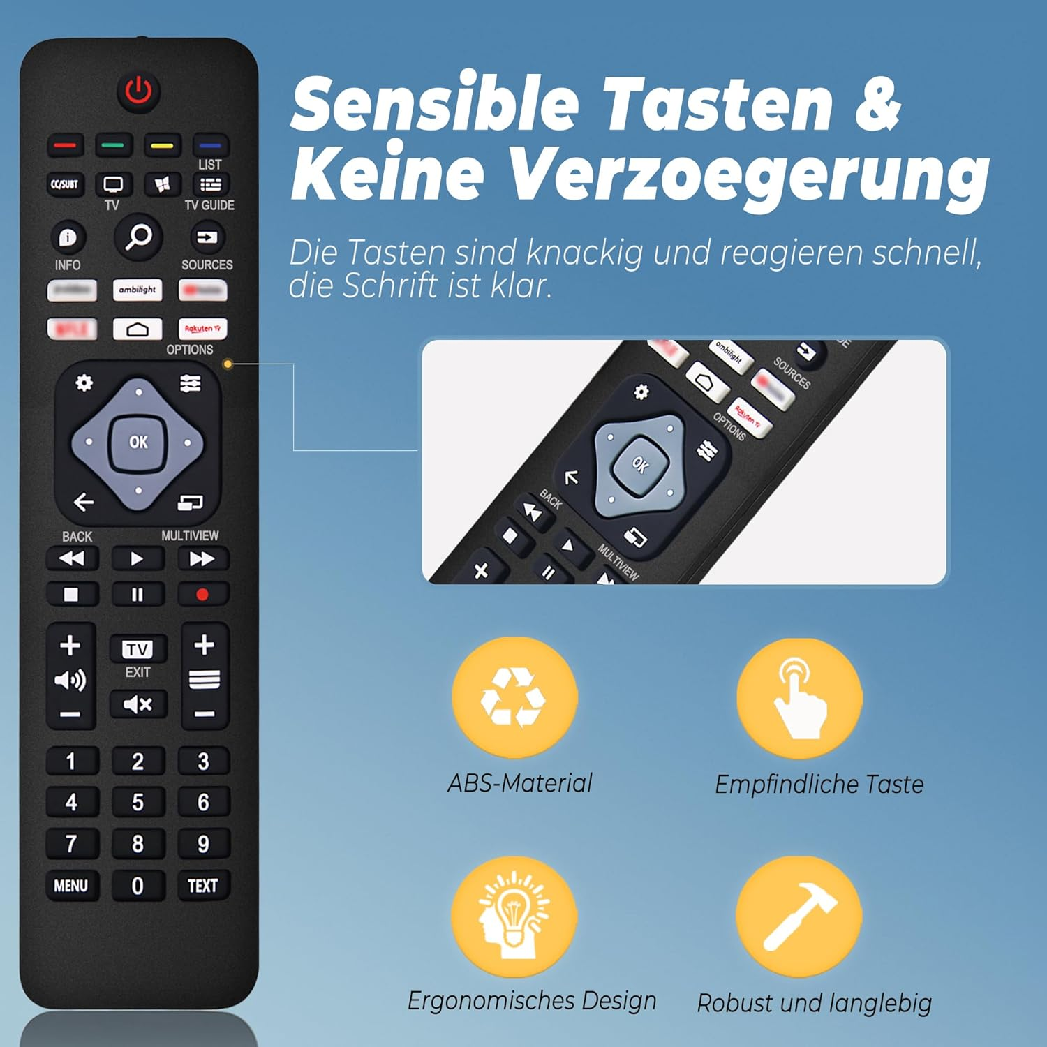 Ein schwarzer Fernbedienung mit Symbolen für ABS-Material, empfindliche Tasten, ergonomisches Design und Robustheit.