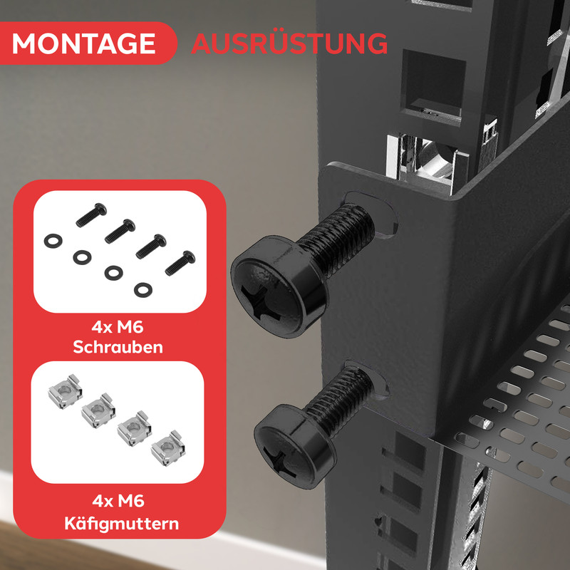 Schrauben und Käfigmuttern für Montageausrüstung auf einem Rack.