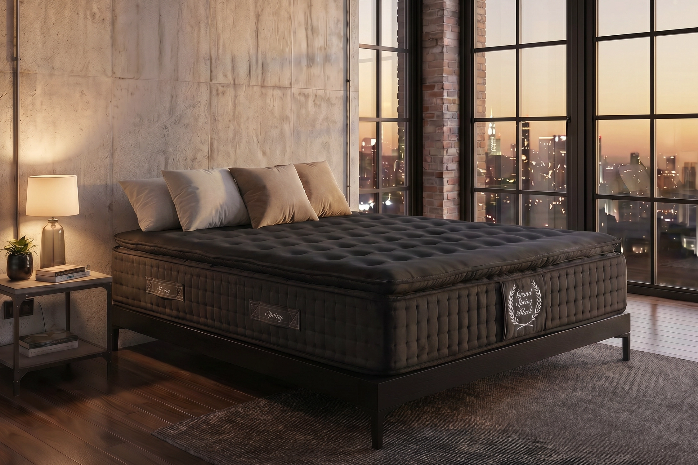 Un colchón oscuro con almohadas se asienta en un marco de cama, junto a una mesita de noche y una ventana con vistas a una ciudad.