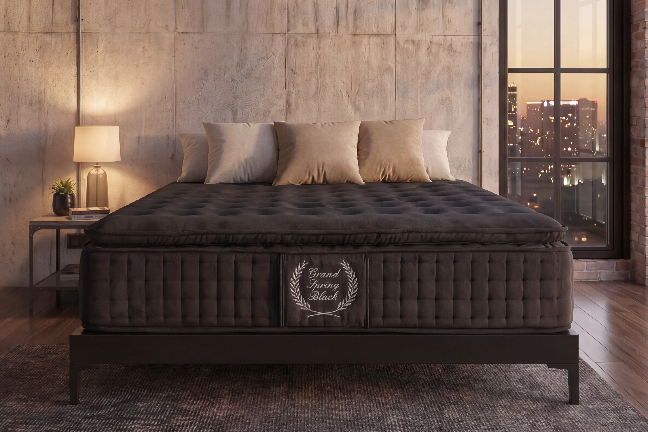 Una cama oscura con cuatro almohadas frente a una pared de concreto y una ventana con vista a la ciudad.