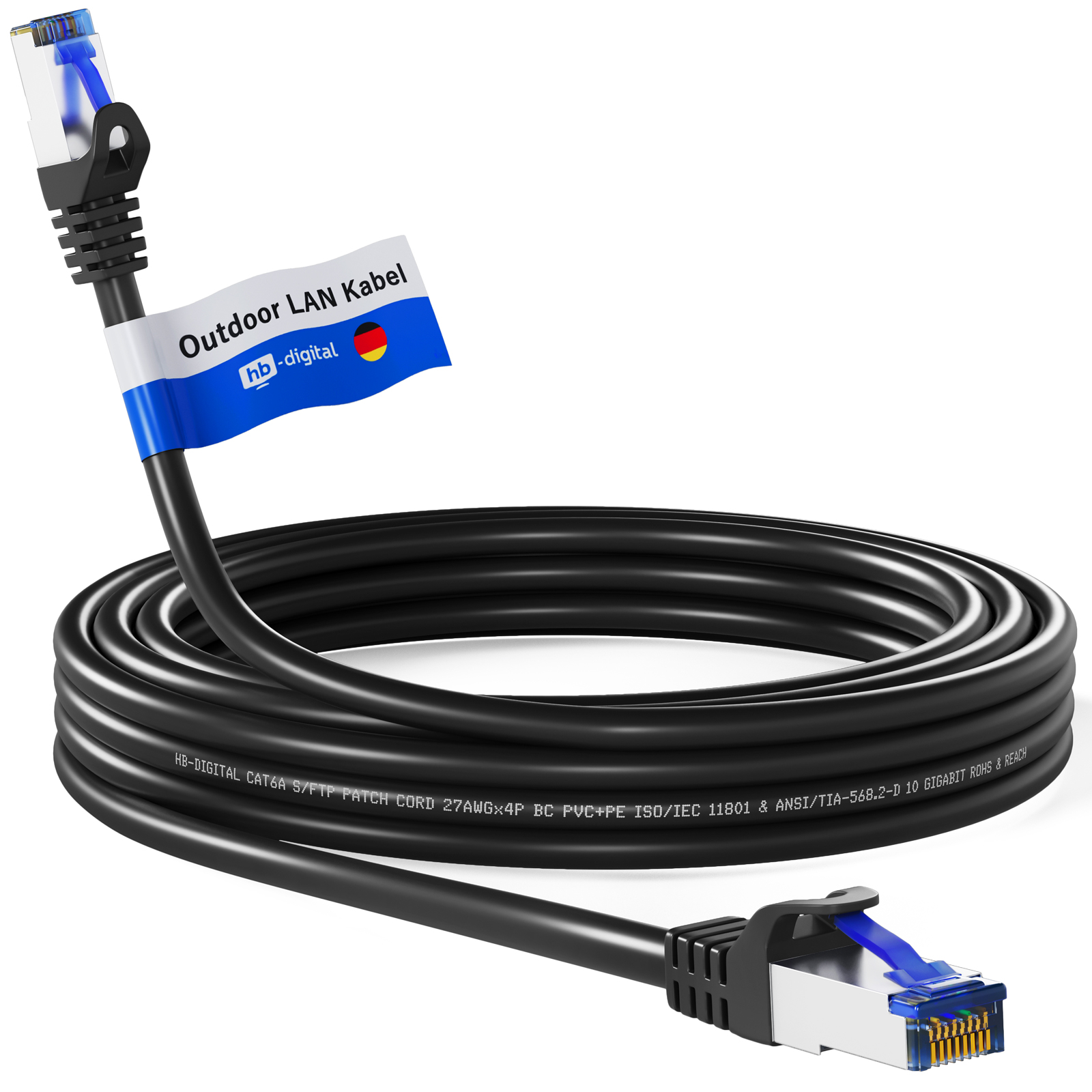 Schwarzes Outdoor LAN-Kabel mit RJ45-Steckern und deutscher Flagge.