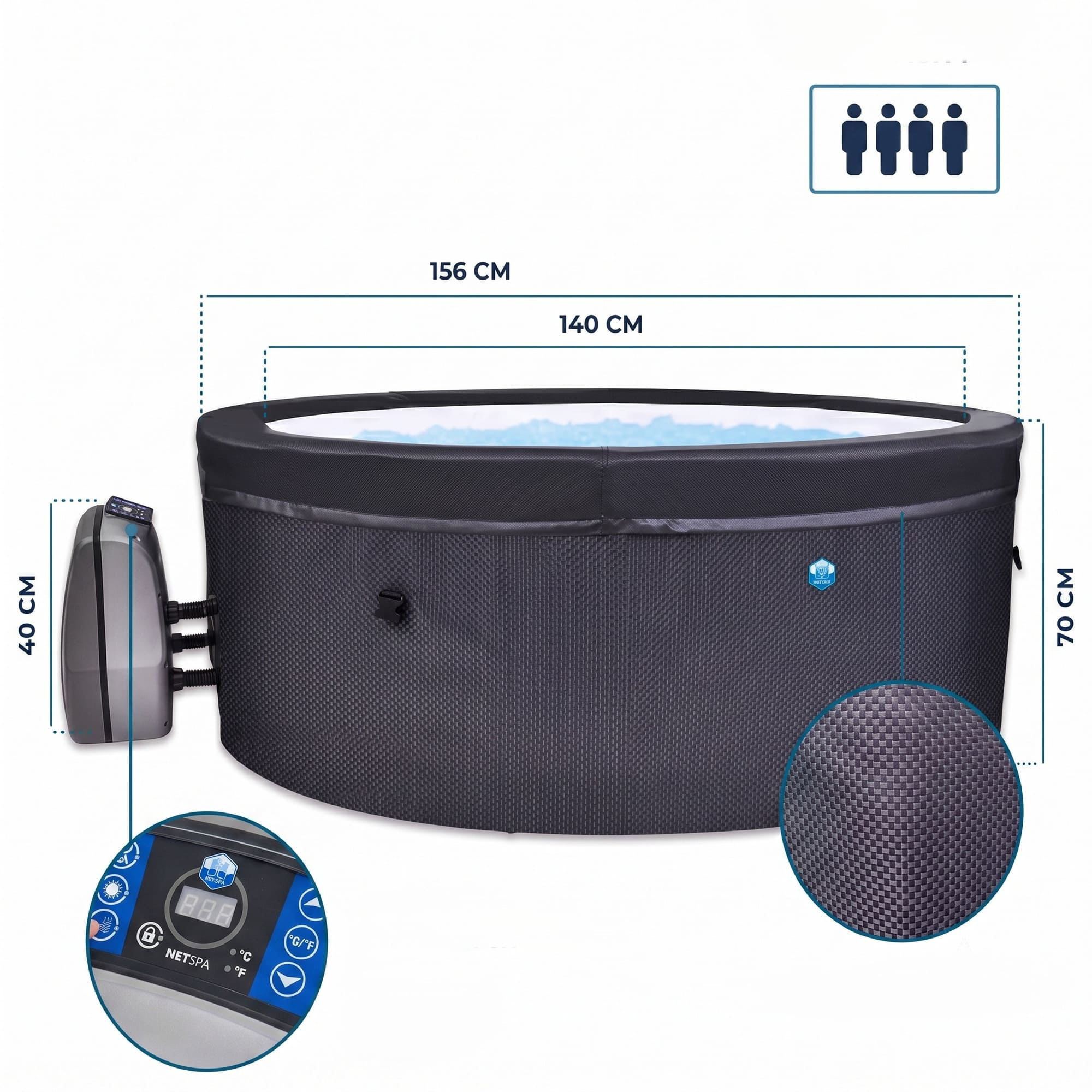 Hidromasaje inflable con unidad de control plateada y dimensiones.