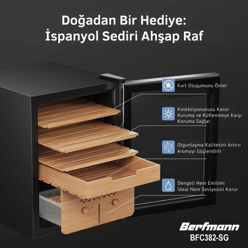 Ahşap raflı humidor, böcek, kuruma ve küfe karşı korur.