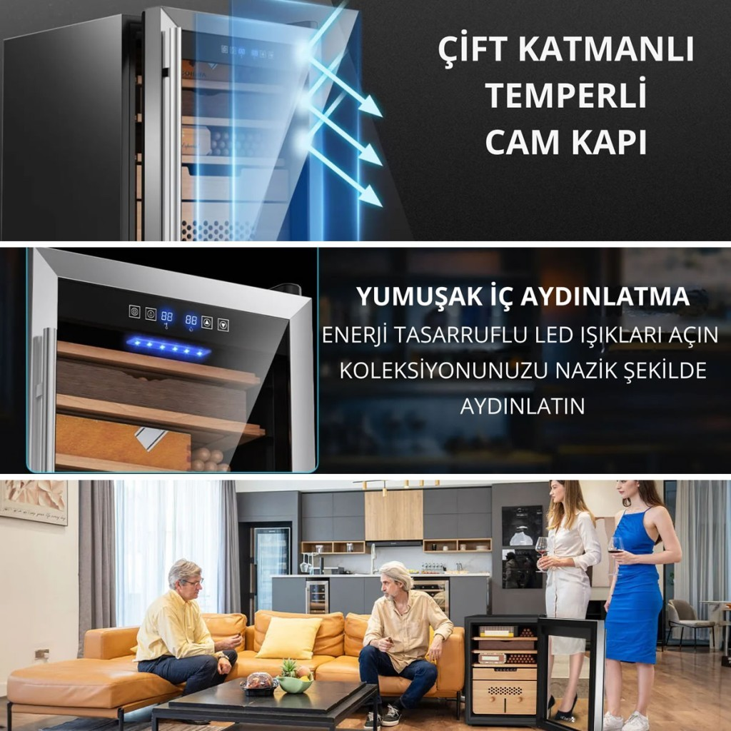 Ürün görselleri bir şarap soğutucu ve bir kanepede oturan iki adam gösteriyor.
