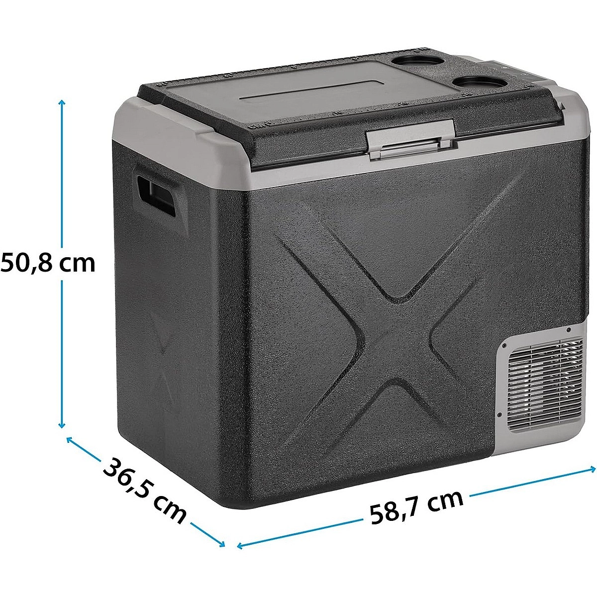 Borsa frigo nera con accenti grigi, dimensioni 50,8x36,5x58,7 cm.