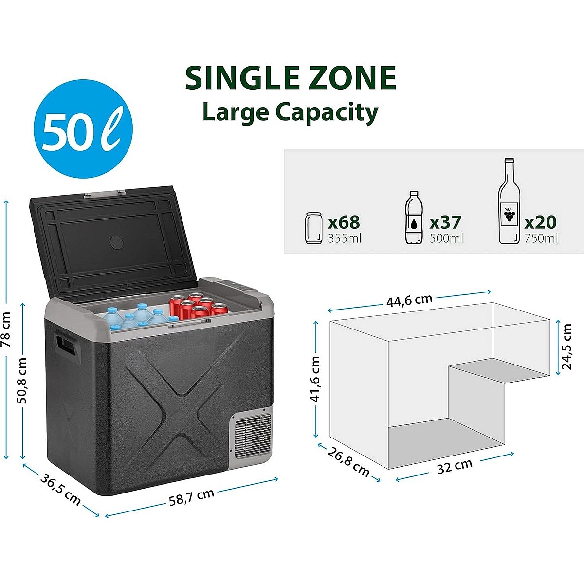Frigo aperto da 50L con bottiglie e lattine. Dimensioni e capacità mostrate.