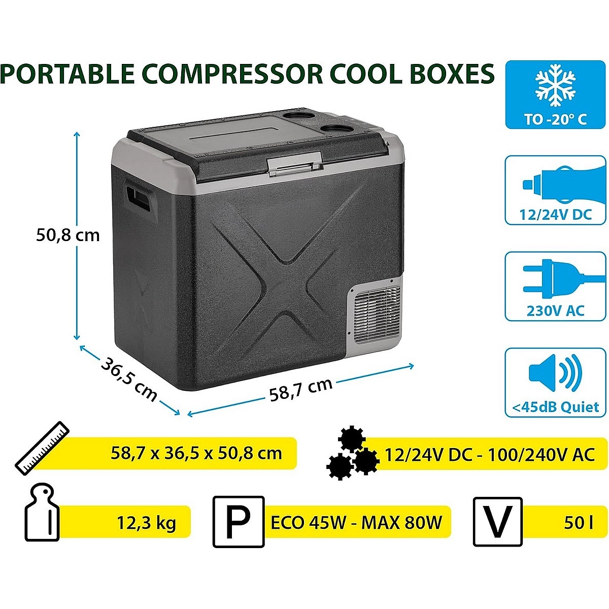 Box frigo portatile con compressore: 58,7x36,5x50,8cm, 12,3kg, fino a -20°C, 12/24V CC/230V CA.