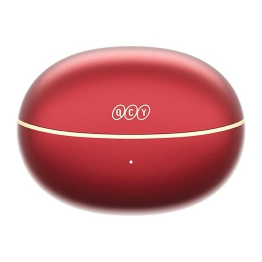 Eine rote Ladebox für Kopfhörer mit dem QCY-Logo und einem kleinen Punkt.