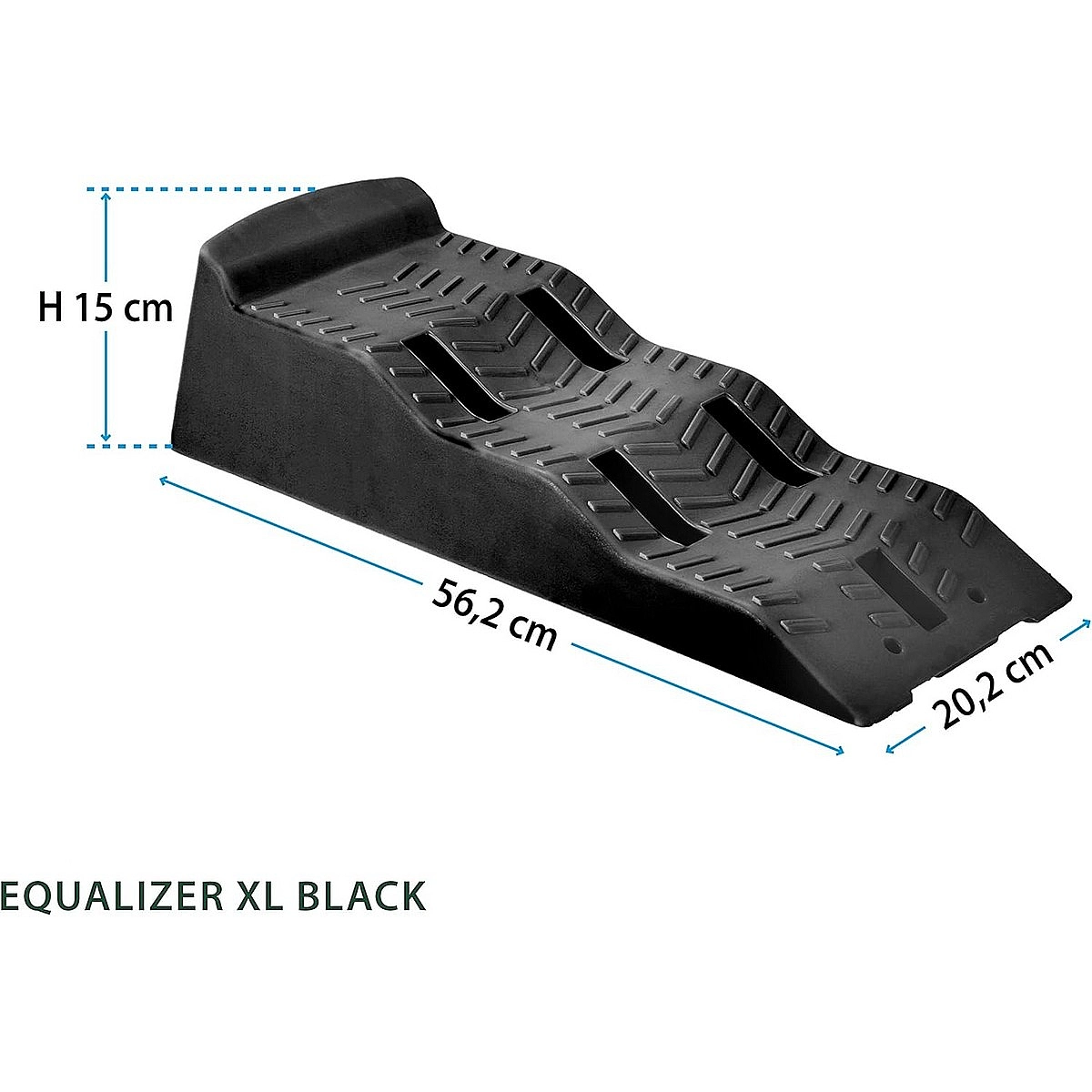 Rampa nera per auto, lunga 56,2 cm, larga 20,2 cm, alta 15 cm.