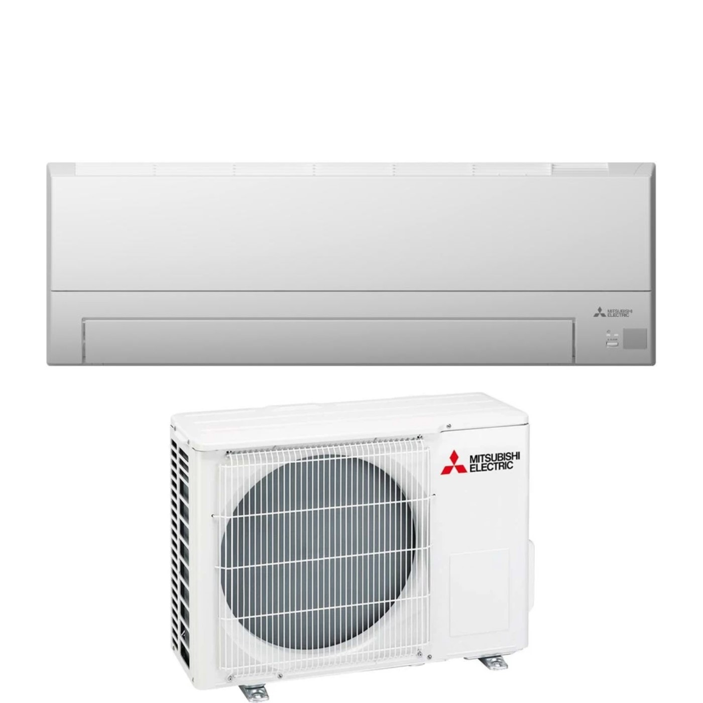 Condizionatore bianco: unità interna in alto, unità esterna in basso con logo Mitsubishi Electric.