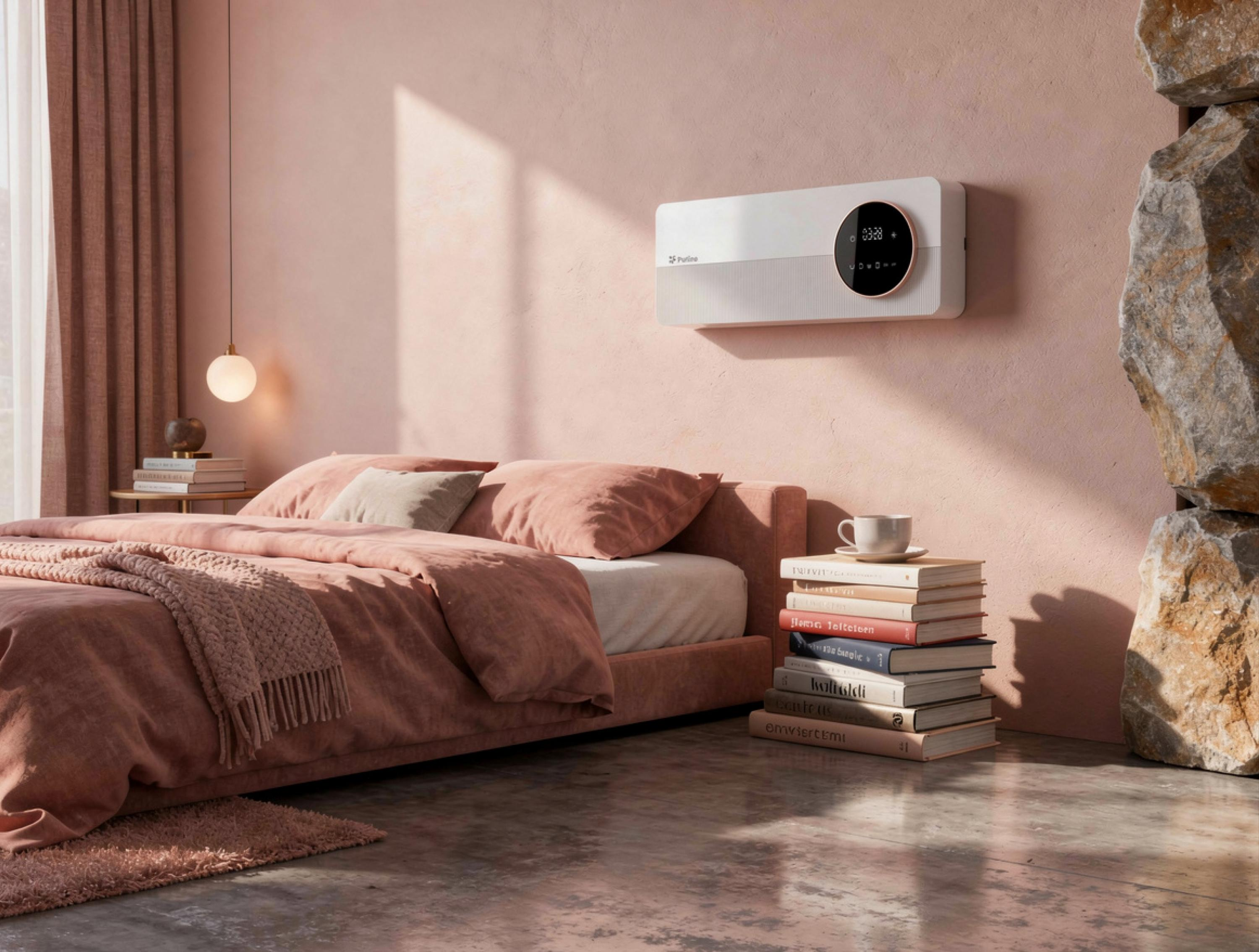 Una cama rosa con mantas y cojines, una mesita de noche con libros y un calefactor de pared.