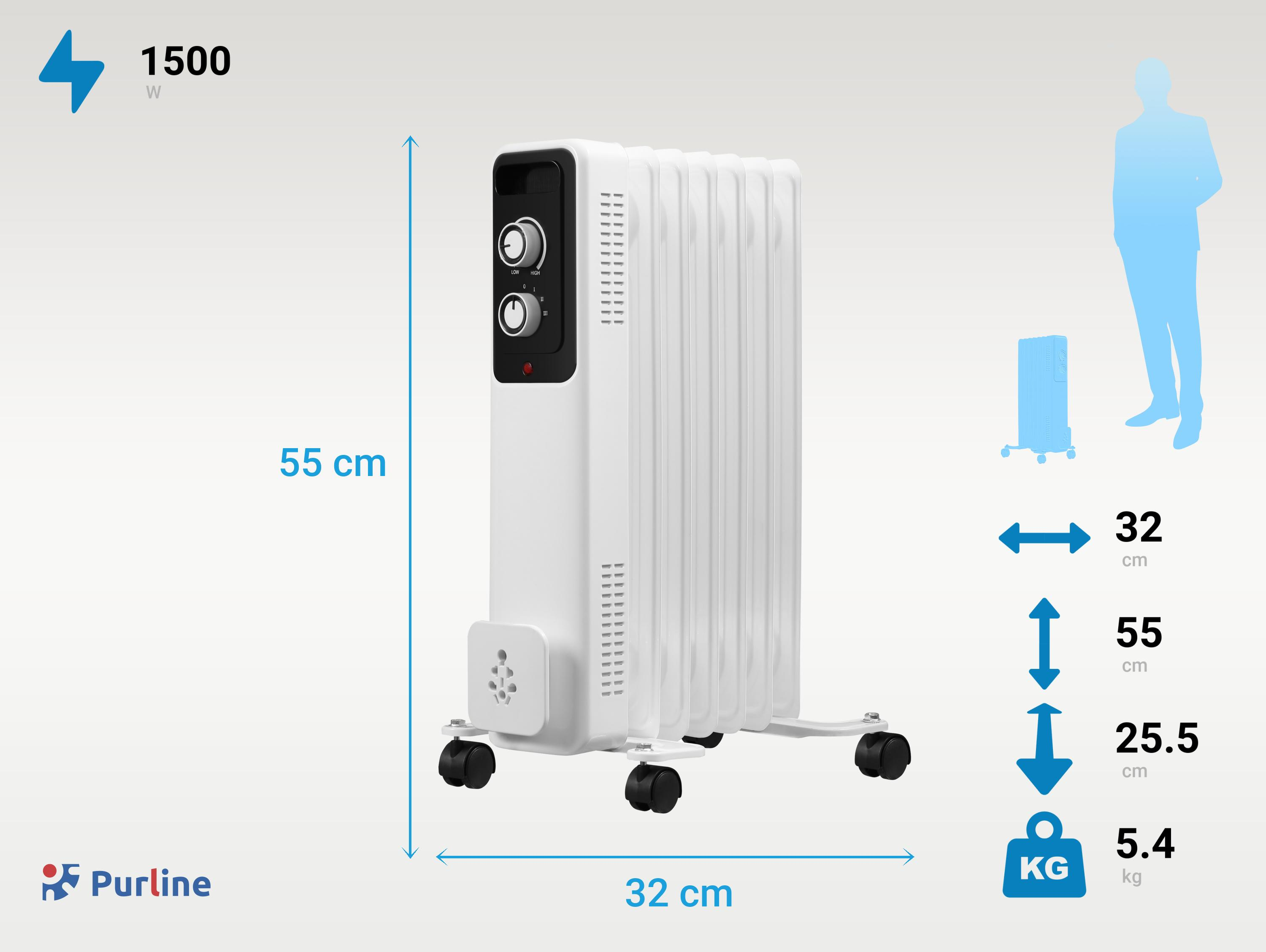 Weißer Ölradiator (1500W) mit Rädern, 55x32x25.5cm, 5.4kg.
