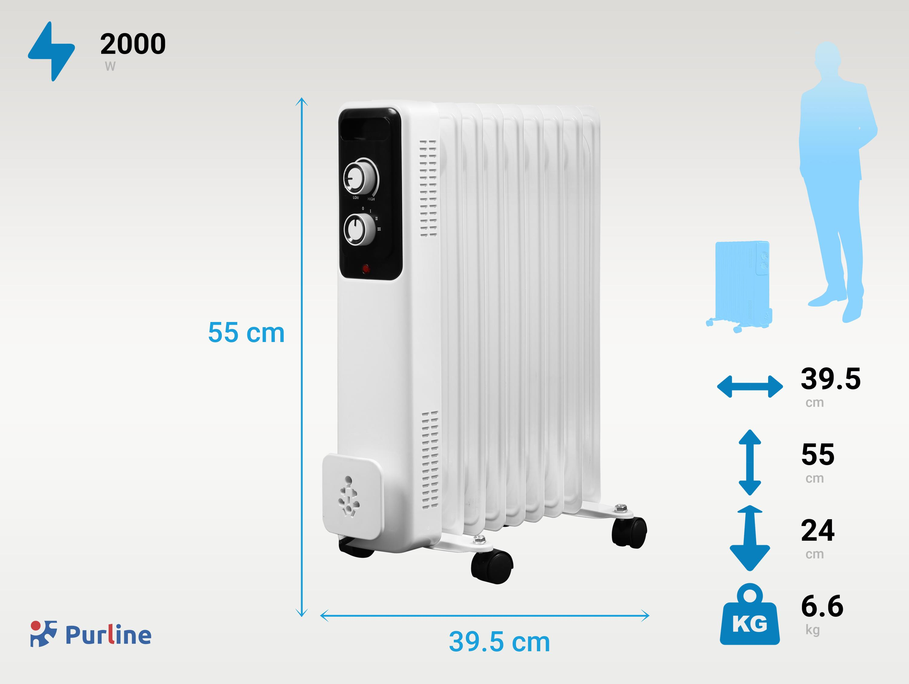 Weißer Ölradiator von Purline mit 2000W, Rollen und Maßen 55x39.5x24cm.