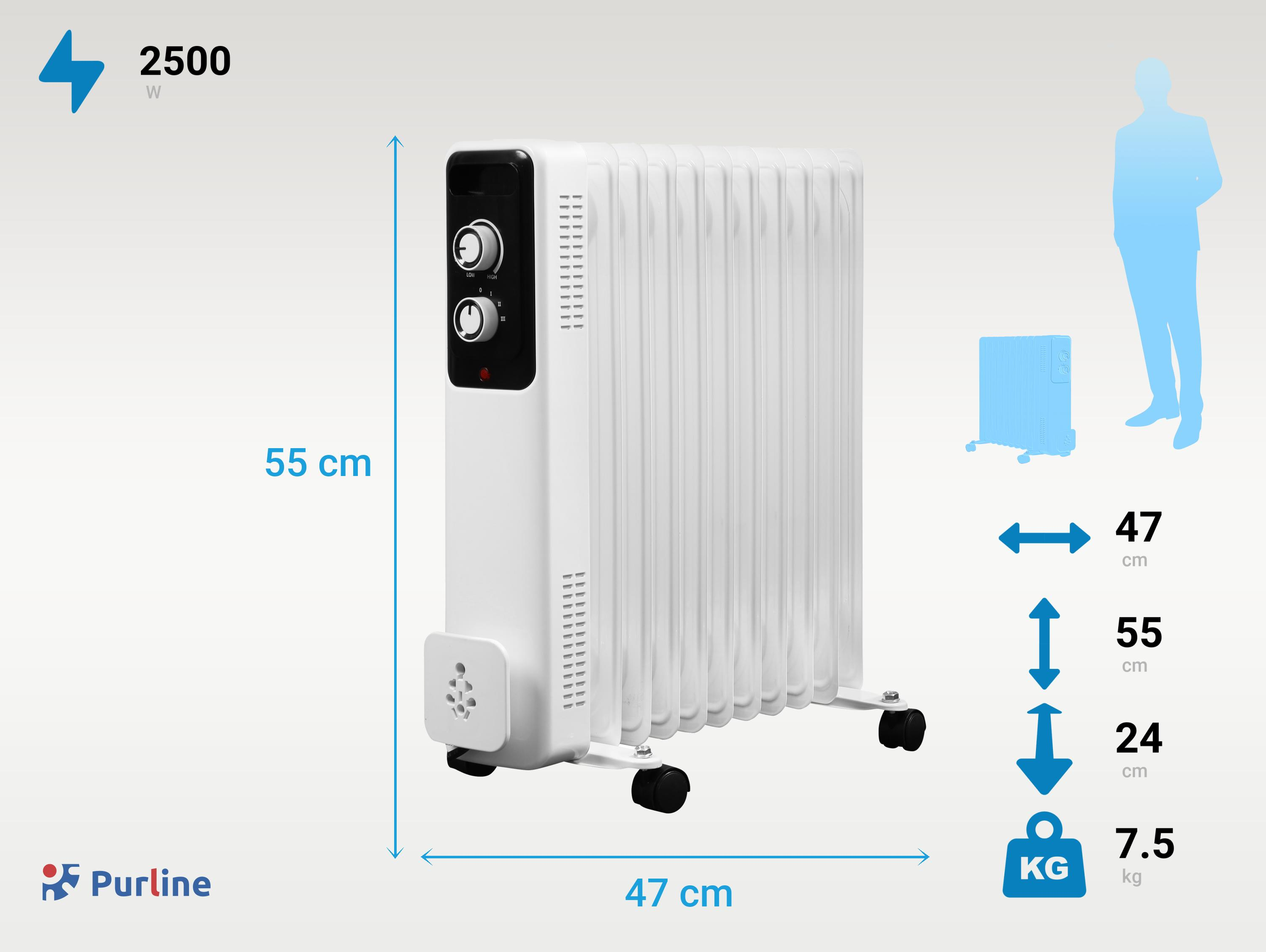 Ein weißer Ölradiator mit Rädern, 2500W, 55x47x24cm, 7.5kg.