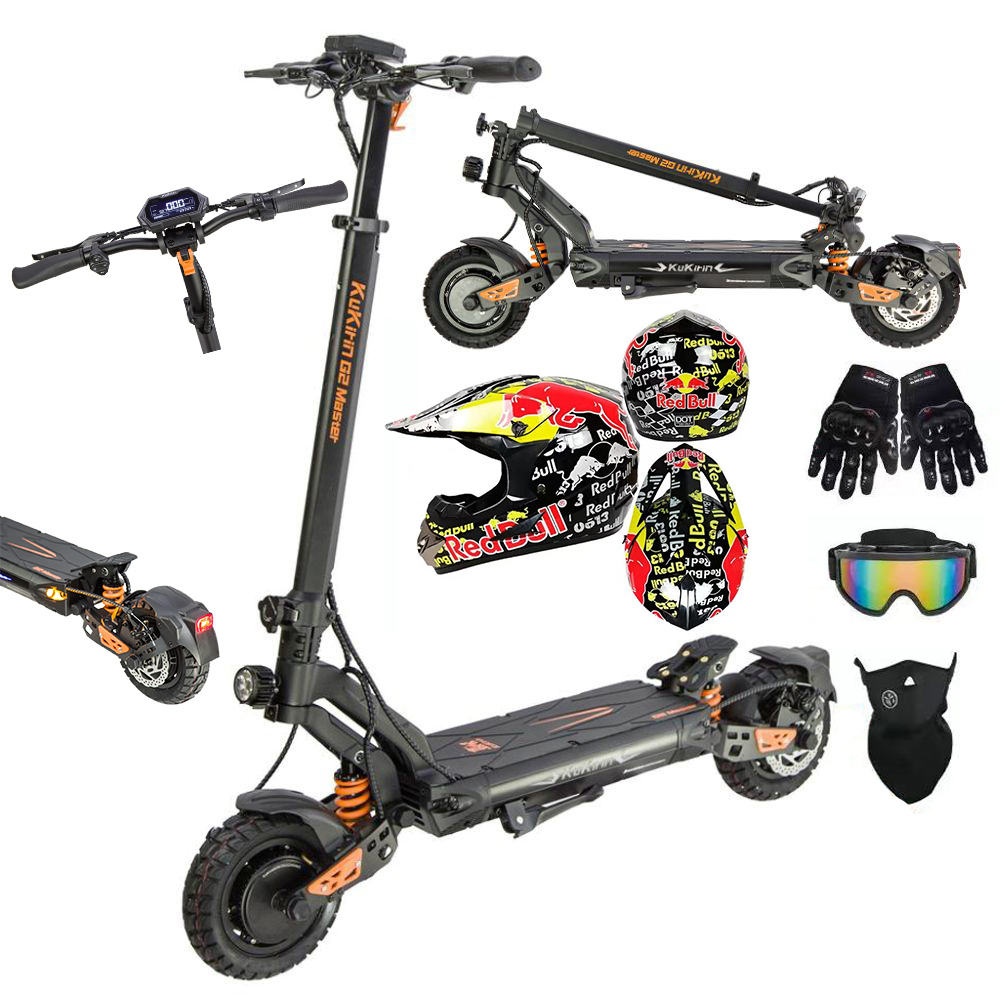 Uno scooter elettrico con accessori: casco, guanti, occhiali e maschera.