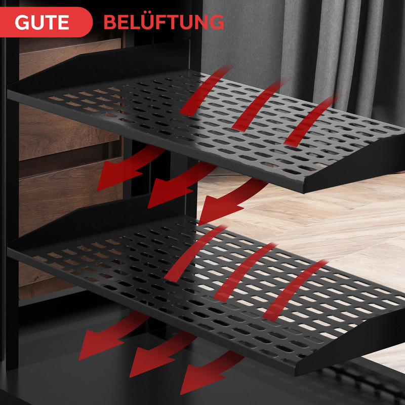 Gute Belüftung: Schwarzes Regal mit roten Pfeilen, die Luftstrom andeuten.