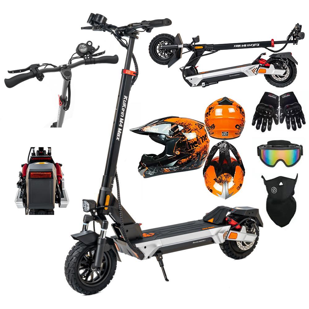 Uno scooter elettrico con accessori tra cui caschi e guanti.