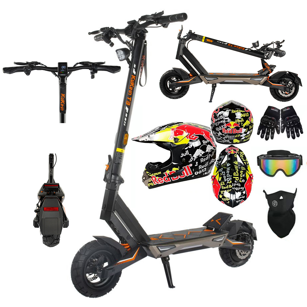Monopattino elettrico con accessori a tema Red Bull: caschi, occhiali, guanti, scaldacollo.