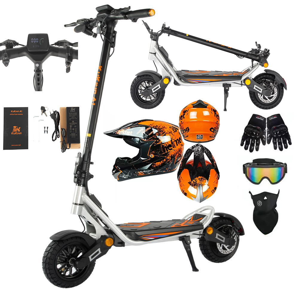 Uno scooter elettrico con accessori: casco, guanti, occhiali, caricabatterie, manuale.
