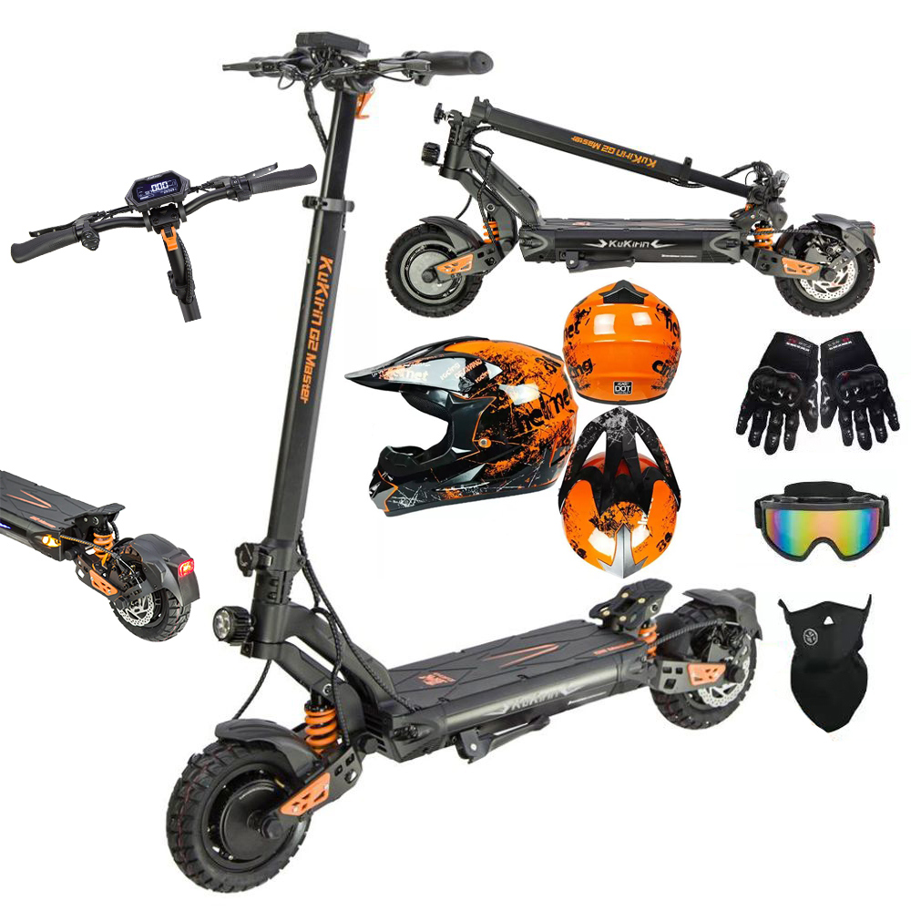 Monopattino elettrico con accessori: casco, guanti, occhiali, maschera.